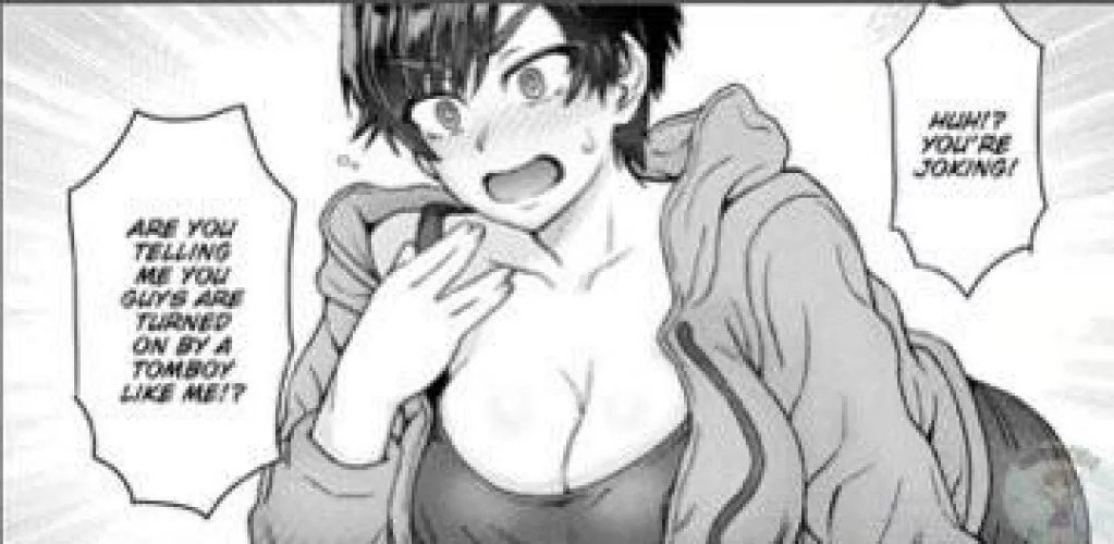 LF Mono Source: 1girl, short hair, big breasts, blushing, Tomboy, “Huh!? You're joking!”, “Are you telling me you guys are turned on by a tomboy like me!?”