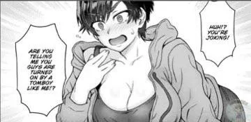 LF Mono Source: 1girl, short hair, big breasts, blushing, Tomboy, “Huh!? You're joking!”, “Are you telling me you guys are turned on by a tomboy like me!?”