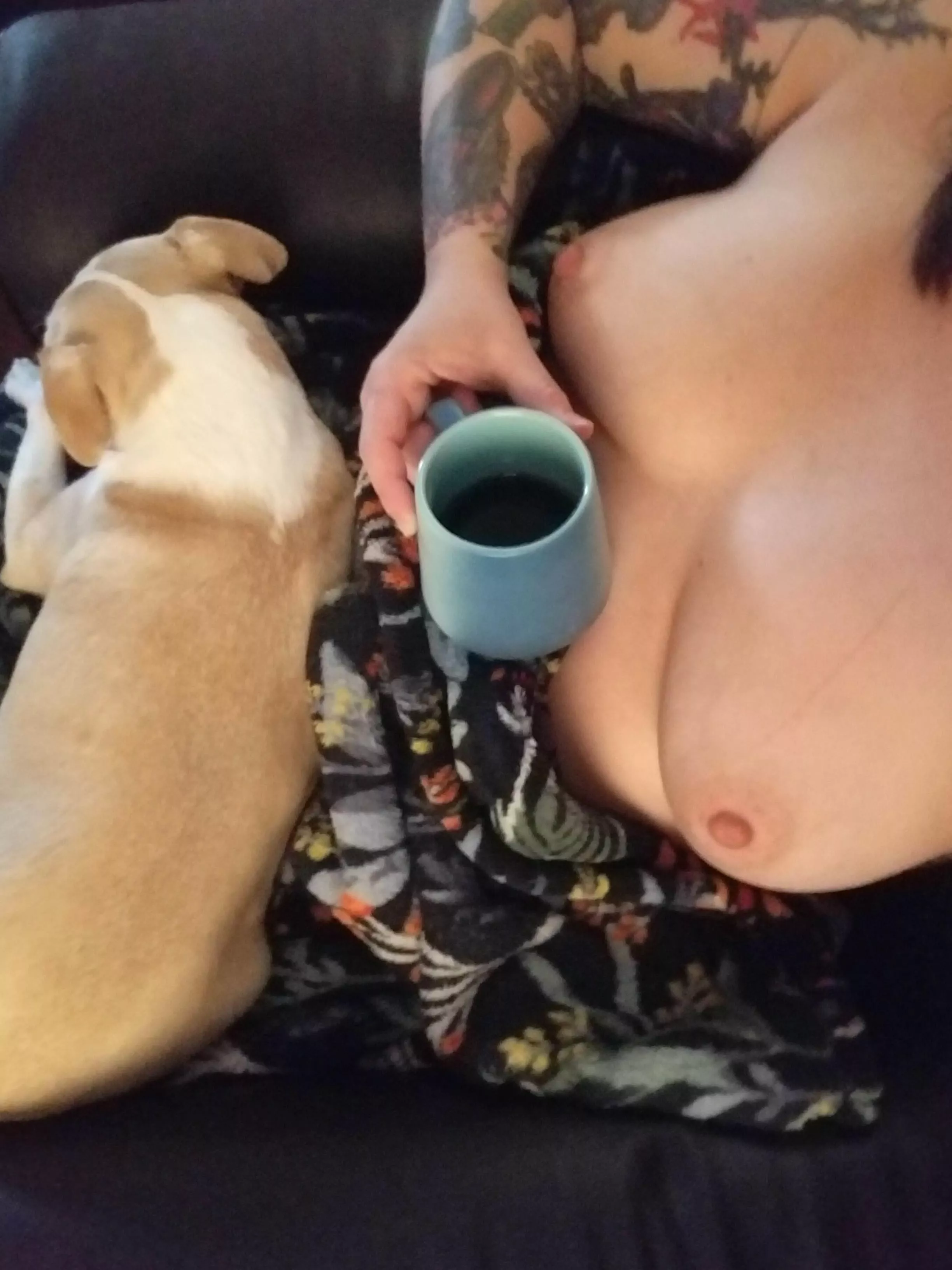 Coffee, dog snuggles and time to relax, nothing better.