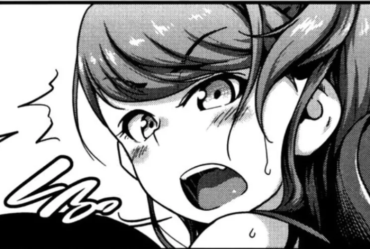 LF Mono Source: 1girl, blush, close up, eyebrows visible through hair, face, hair behing ear, looking at viewer, looking back, open mouth, ponytail?, sfx, surprised, sweat, tongue, upper teeth