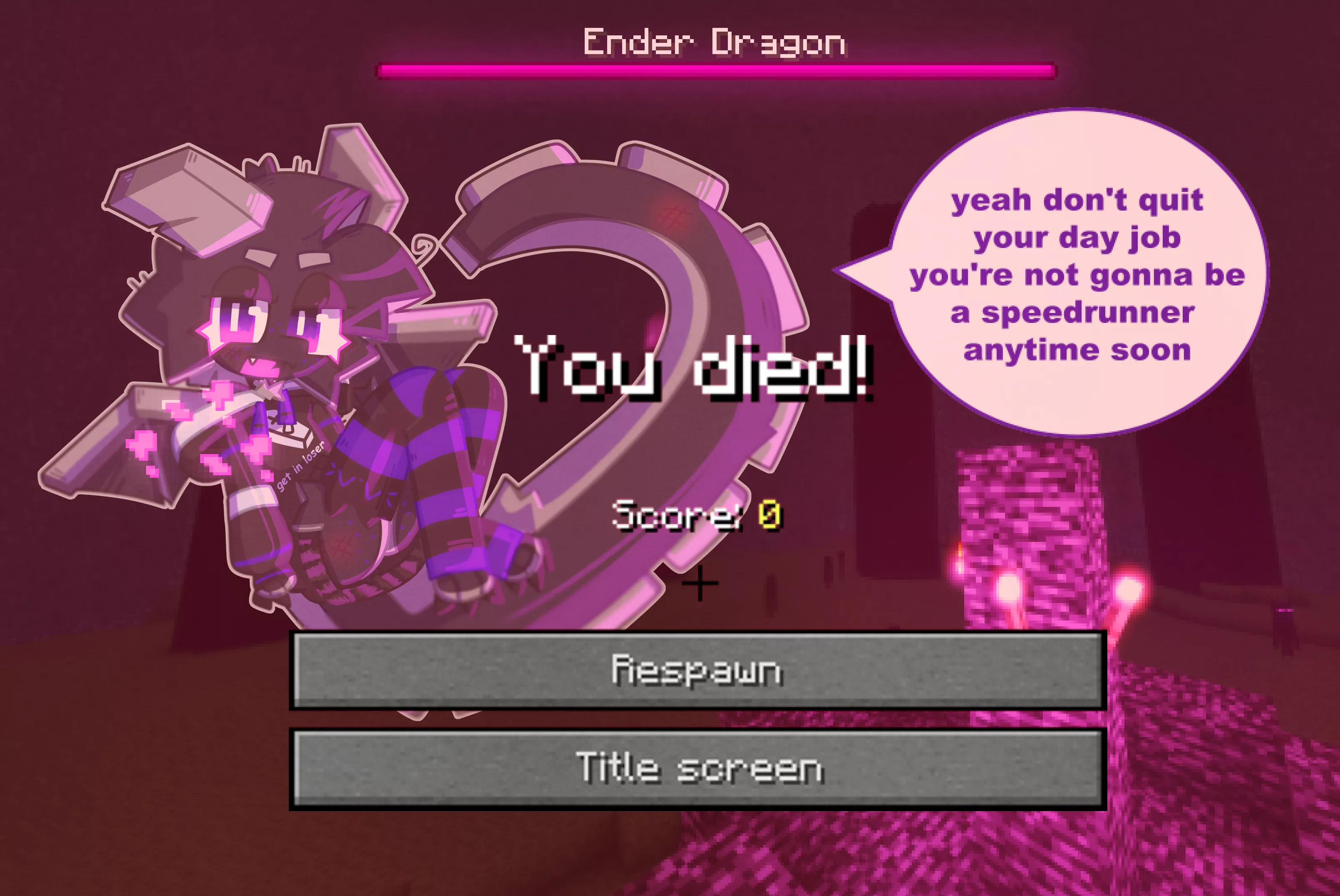 mom my Minecraft is broken the Ender Dragon won't stop commenting on my skill issue (art by me @fridgenstuffs on twitter)