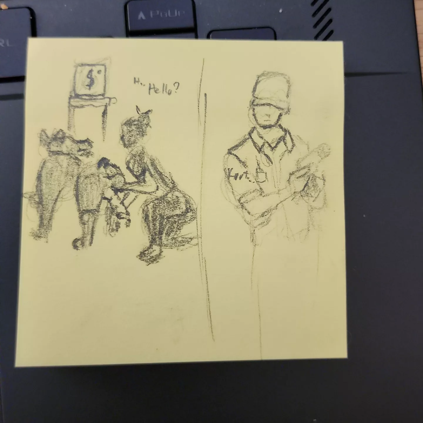 Notepad doodle, by me. She's good at distracting only some of the guards...