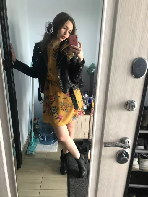 Cute dress with leather jacket is the best combination
