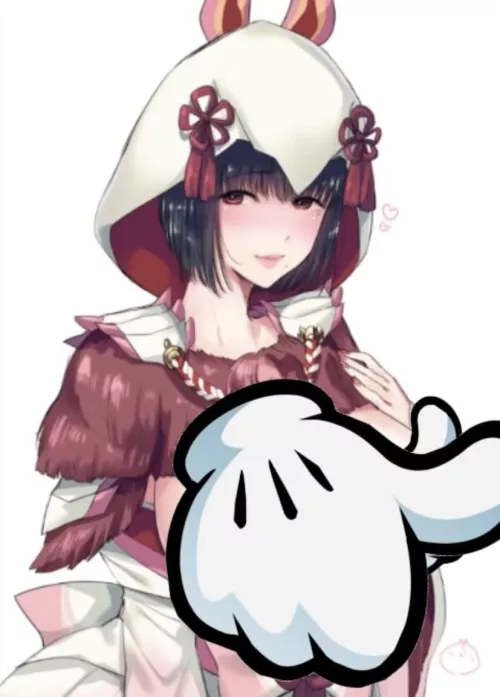 LF Color Source: 1girl, Black Hair, Hood, Blushing, Monster Hunter, Flashing