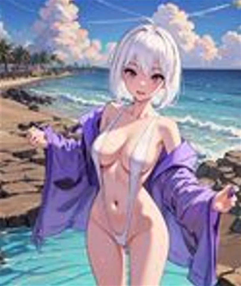 LF Color Source 1girl, white hair, beach, purple coat, bikini