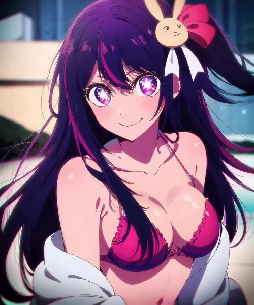 LF Color Source: purple hair, 1girl, bikini, smiling, blushing, purple eyes, oshi no ko