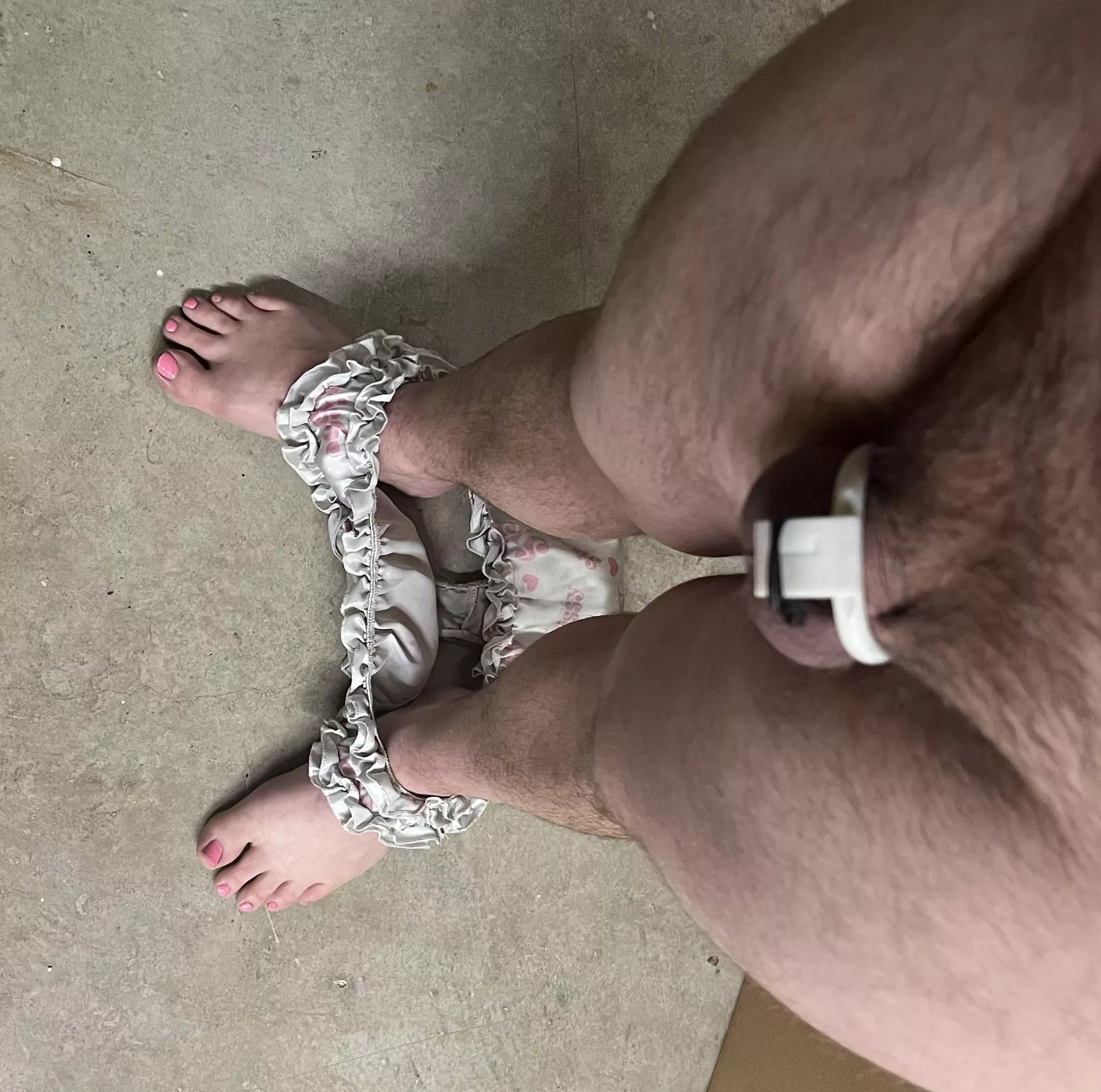 Made him take a photo at work showing sissy panties dropped and new innie cage on