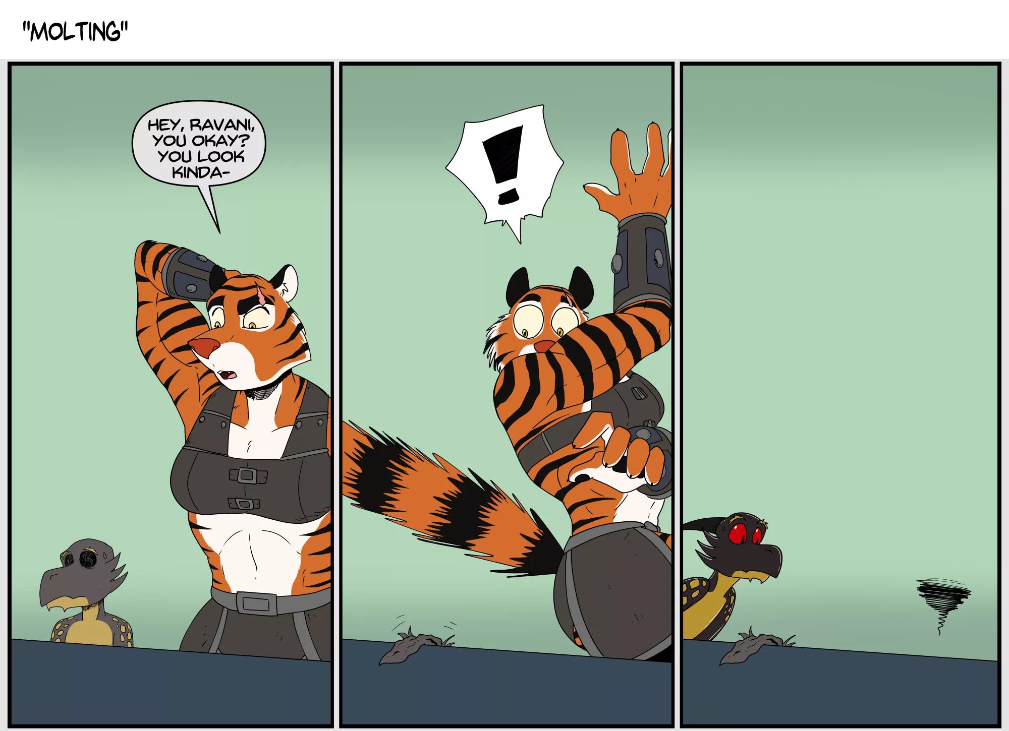 When your best friend is a kobold you have to expect some discarded skins every so often...Just a silly little comic with my Tabaxi barbarian, Nails, and her best friend Ravani that popped in my head.