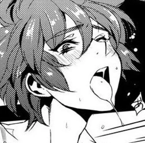 Lf Mono Source: 1girl, ahegao, blush, open mouth, sweat, sfx, drooling, black hair, hair between eyes, short hair, one eye closed, upper teeth only