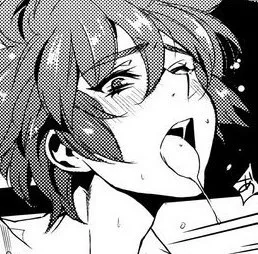 Lf Mono Source: 1girl, ahegao, blush, open mouth, sweat, sfx, drooling, black hair, hair between eyes, short hair, one eye closed, upper teeth only