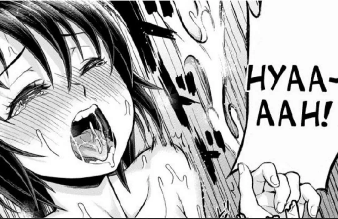 Lf Mono Source: 1girl, ahegao, blush, open mouth, sweat, sfx, drooling, black hair, hair between eyes, short hair, eye closed, tears, upper teeth only, tongue out, 