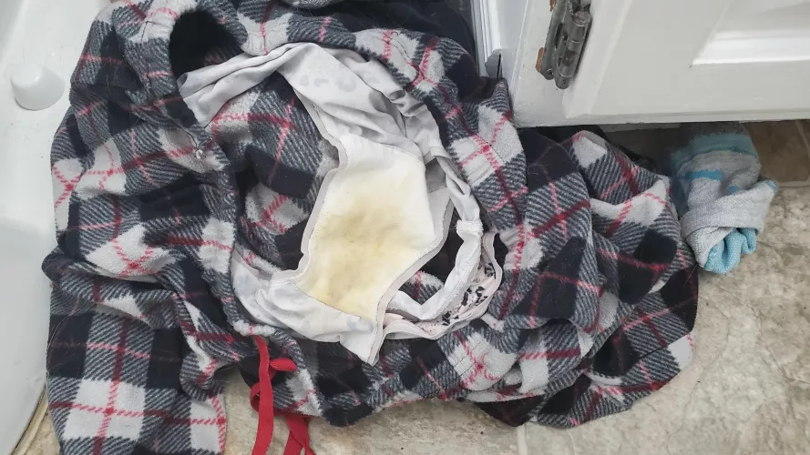 Wife's dirty panties left out in the bathroom