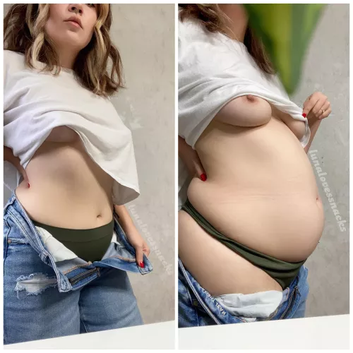 Another fun before/after post since you seemed to love my first one so much! Are you falling in love with my elastic belly? I wonder if you could make me swell even more… 🥵🤭🤰