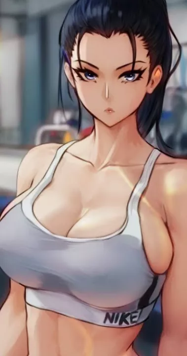 LF Color Source: 1girl, fair skin, black hair, Nike gym clothes, workout, looking at viewer, midriff