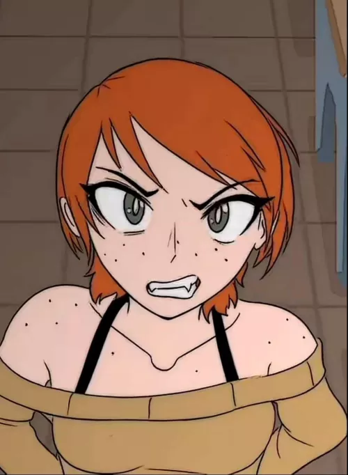 LF color Source: Ginger, Orange hair, grey eyes. 1girl, open eyes, angry face