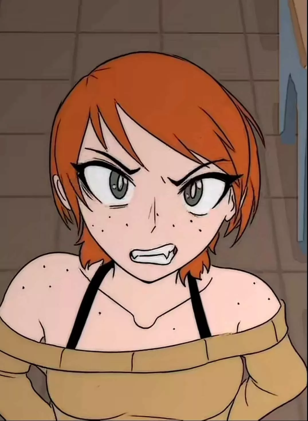 LF color Source: Ginger, Orange hair, grey eyes. 1girl, open eyes, angry face