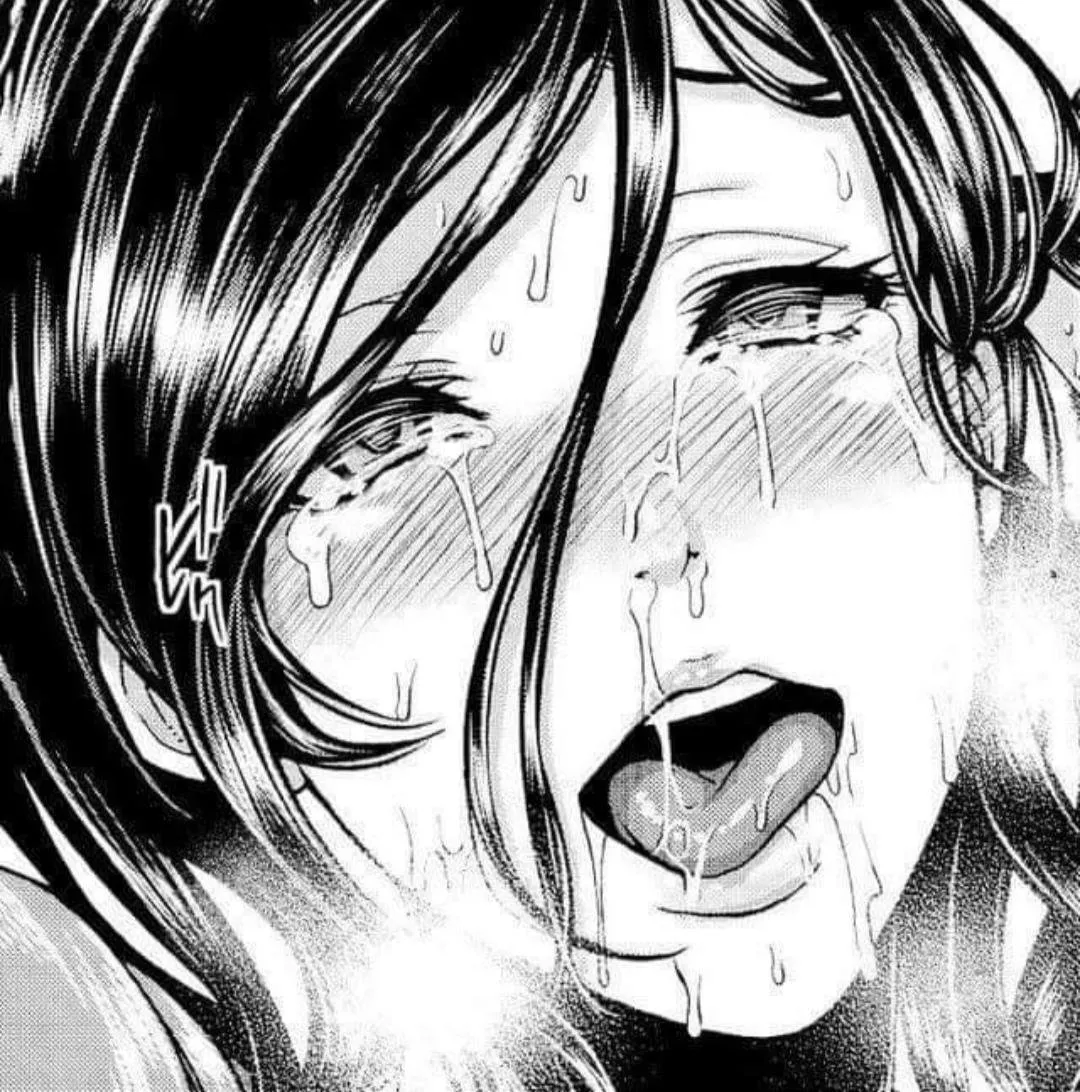 Lf Mono Source: 1girl, ahegao, blush, open mouth, sweat, drooling, black hair, hair between eyes, sfx, face, close up, long hair, closed eyes, upper teeth only, tongue out, tears