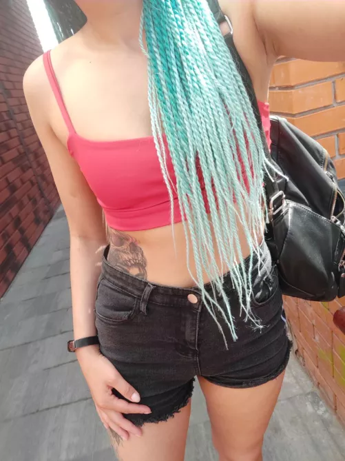 I put on short shorts and a short top without a bra :)