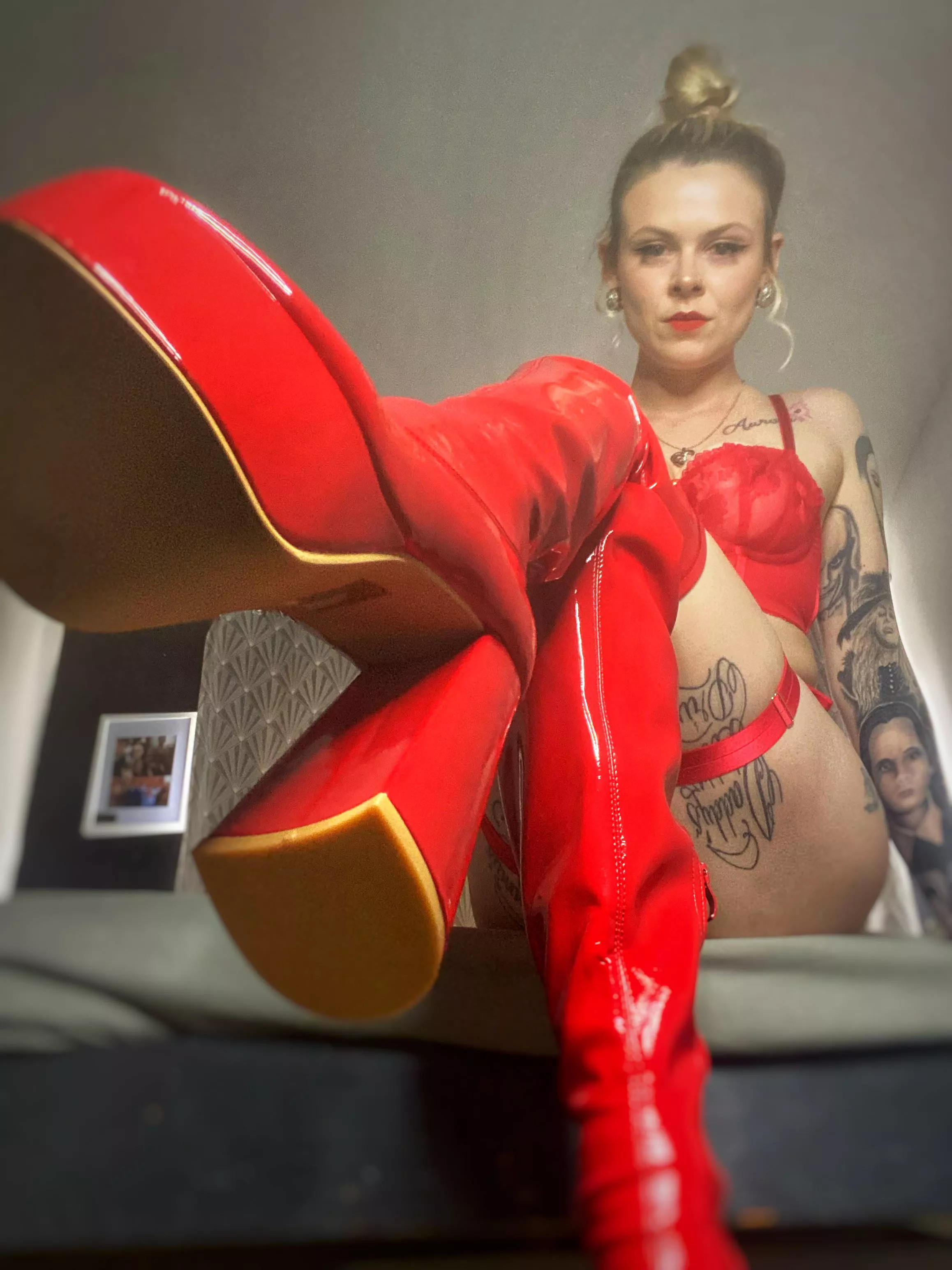 Latex, red boots that fit my thighs perfectly