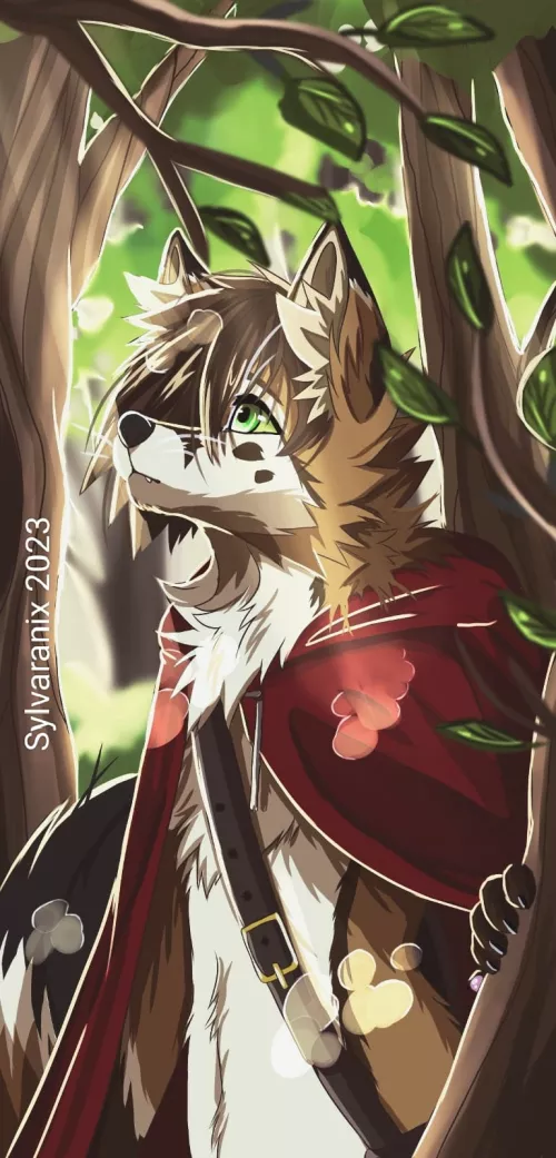 Nameless wolf (fox?) character exploring a forest. Art by me, @sylvaranix