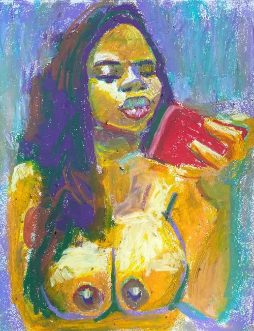 Une femme nue prenant un selfie, par moi