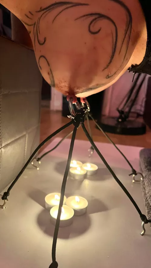 Hmmm ... Hubby has taken my nipples for Marshmallow ? Joke aside, he has been adding candles up to the slowly and relentlessly my nipples and tits were burning like hell ! Anyone to lick them hot ?