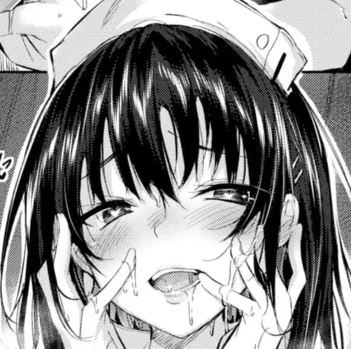 Lf Mono Source: 1girl, blush, open mouth, drooling, hair between eyes, black hair, face, close up, long hair, half closed eyes, teeth, heart shaped pupils, cum on hands, nurse cap, hairpin