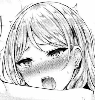 Lf Mono Source: 1girl, blush, open mouth, sweat, hair between eyes, face, close up, long hair, half closed eyes, upper teeth only, earrings, tears