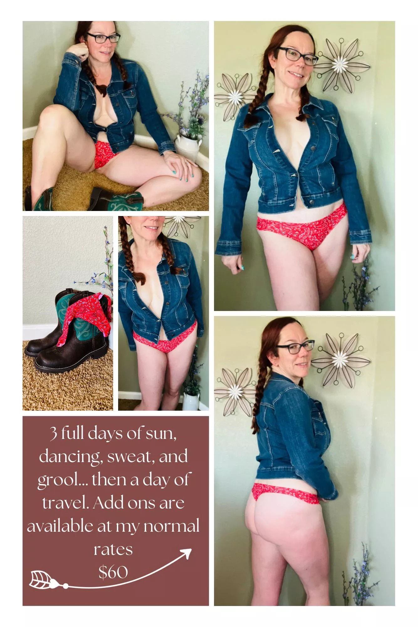 [selling] Special panty wear opportunity!!! I’m going to Stagecoach at the end of the month. 3 days of sun and fun, walking and dancing… which means sweat and grool soaking my cute red paisley print thong. Extra adds are available. 3 days, sealed, tr