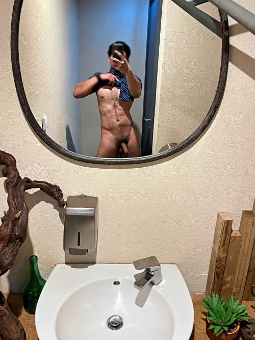 Checking my otter body in the restaurant bathroom