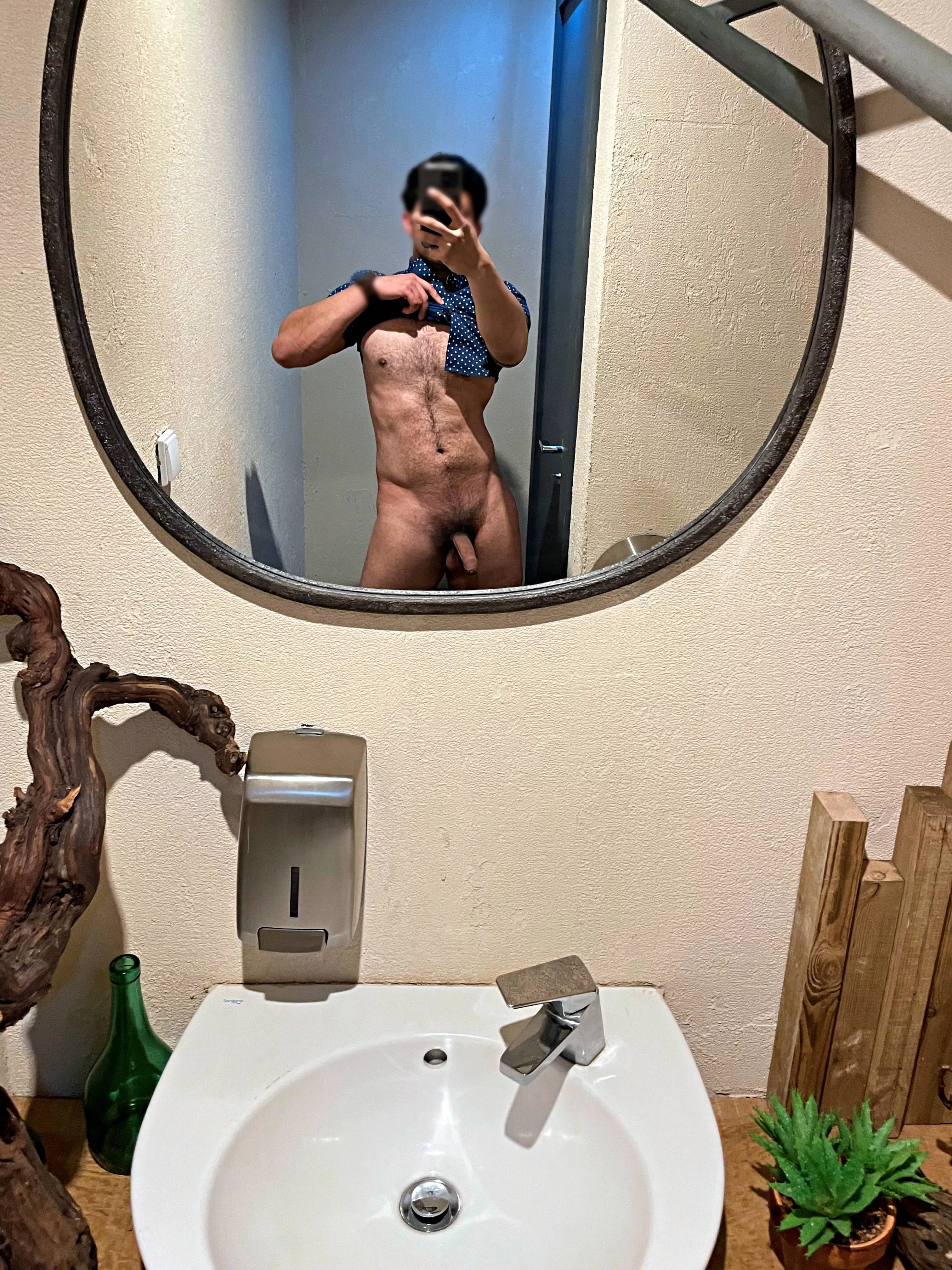 Checking my otter body in the restaurant bathroom