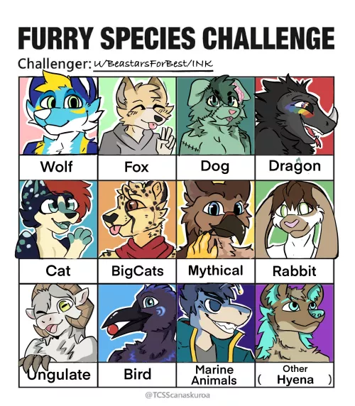 Finished the group furry species challenge! Thank you all for submitting characters! (Art by me)