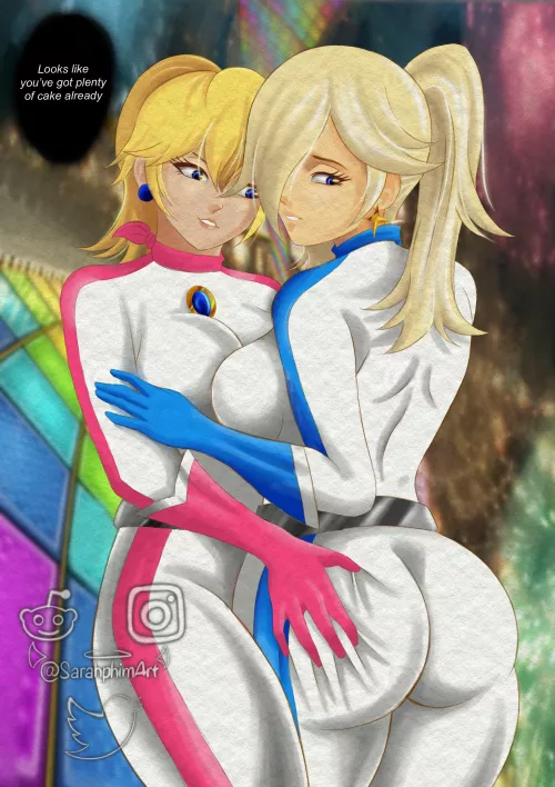 Peach and Rosalina sharing some cake (art by @sarahphimart)