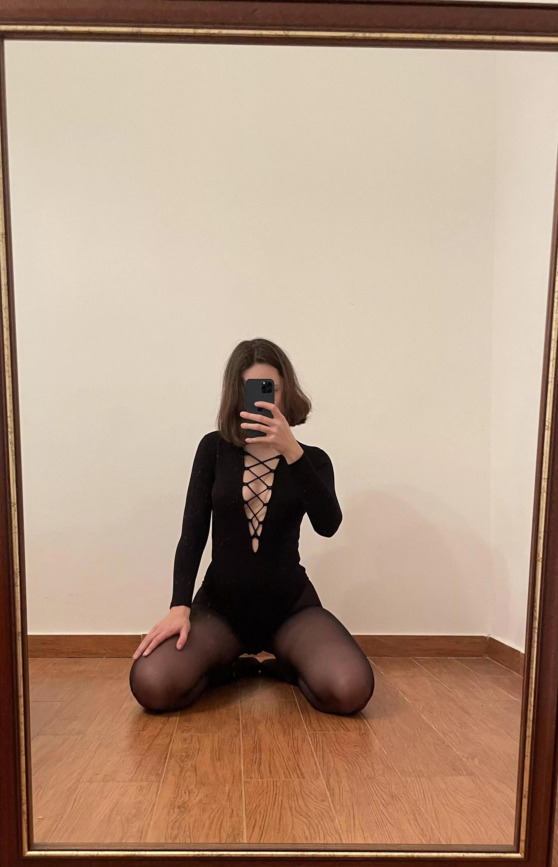 Gorgeous black bodysuit and nylon combo