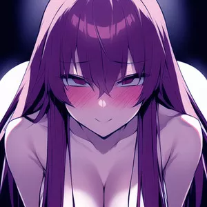 LF Color Source: 1girl, purple hair, purple eyes, looking at viewer, long hair, hair over breasts, naughty face, smile, flushed