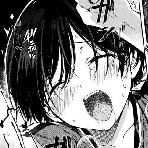 Lf Mono Source: 1girl, short hair, black hair, hair between eyes, drooling, tongue out, upper teeth only, open mouth, blush, sfx, sweat, tears, closed eyes