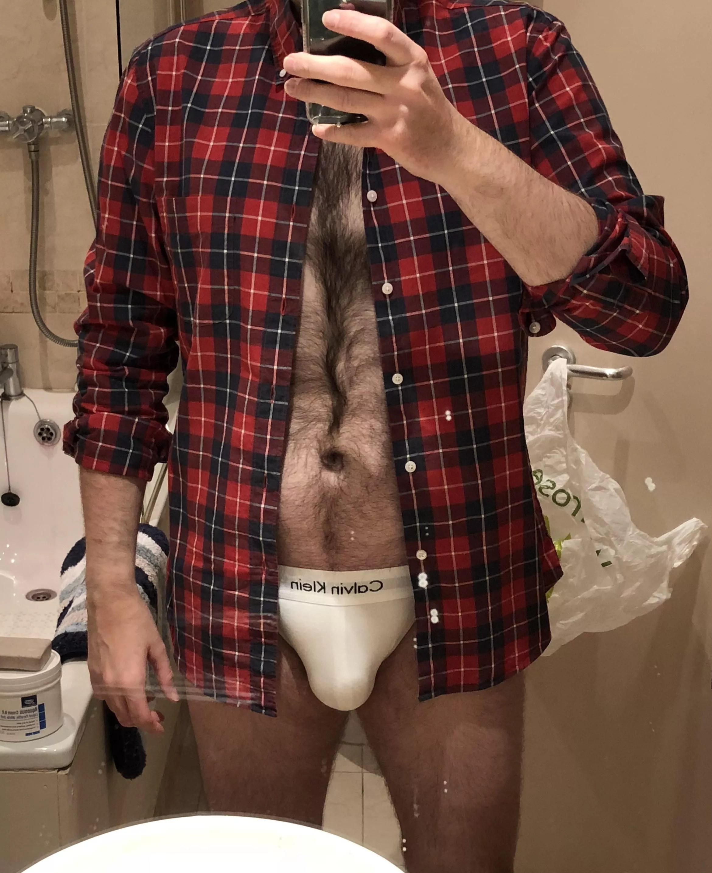 Today is probably the last day until September that I can get away with wearing plaid. It’s not a summer look. Teamed with a white CK jock (42)
