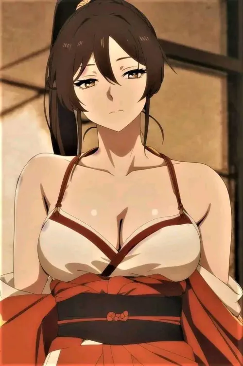 LF Color Source: 1girl, portrait, long brown hair, ponytail, bare shoulder, red corset, brown eyes, closed mouth, bra straps, cleavage, lowcut clothes, yamada asaemon sigiri, jigokuraku, AI generated