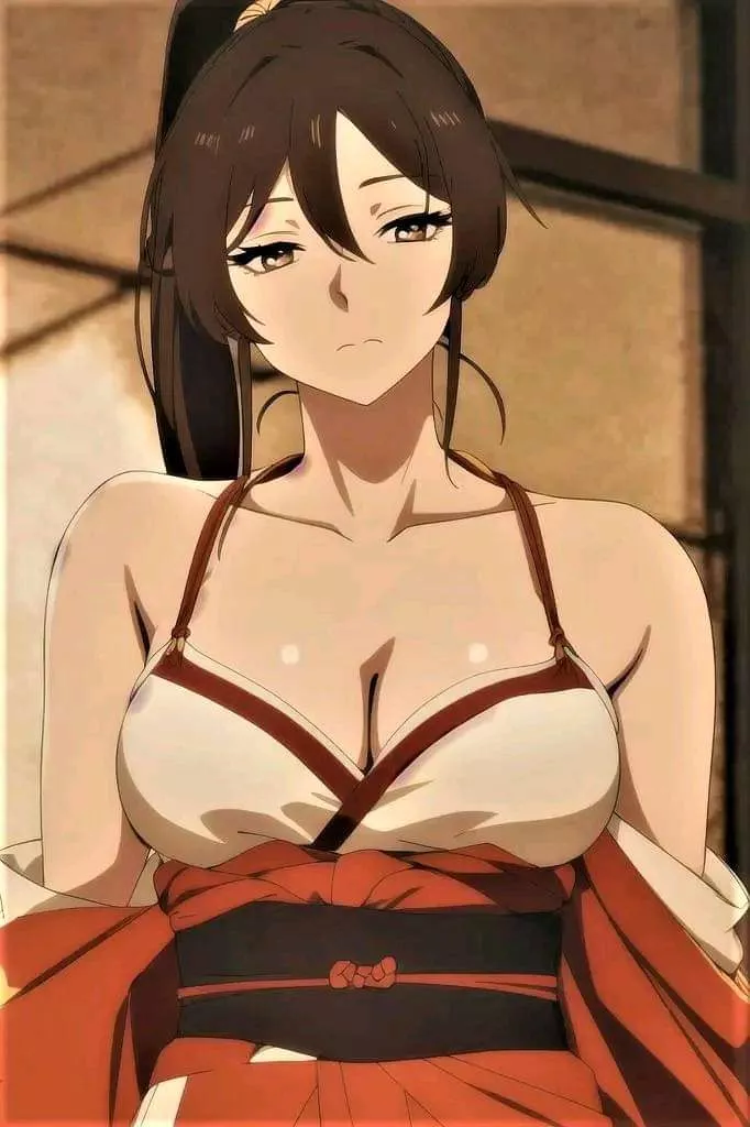 LF Color Source: 1girl, portrait, long brown hair, ponytail, bare shoulder, red corset, brown eyes, closed mouth, bra straps, cleavage, lowcut clothes, yamada asaemon sigiri, jigokuraku, AI generated