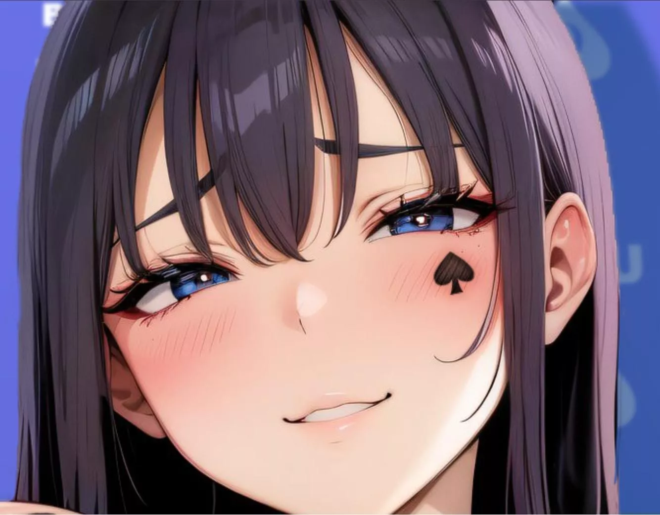 LF Color Source: black hair, blue eyes, smiling, blushing, spade, thin eyebrows, blue background, long hair