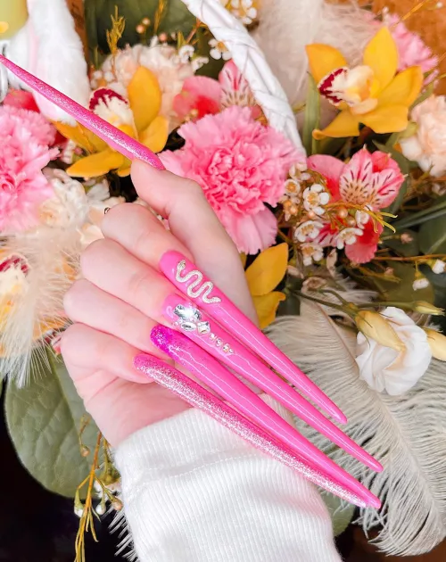 My new long nails with a design of a snake and shiny stones