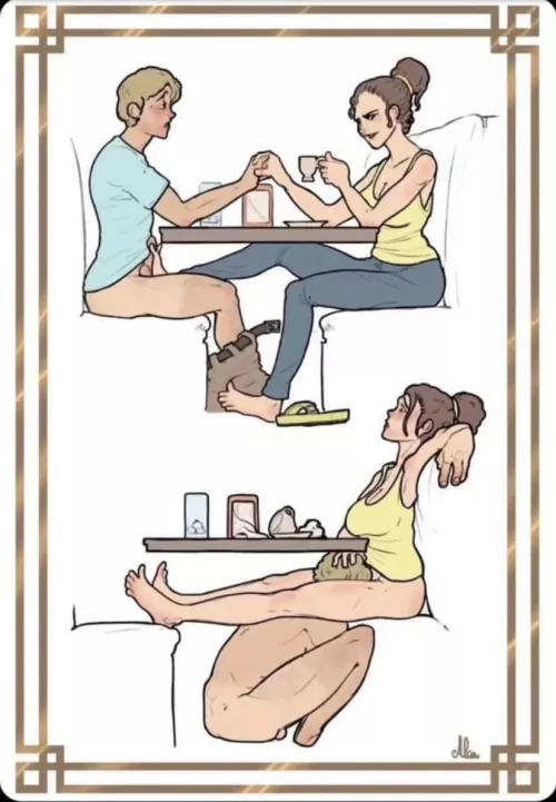 LF Color Source Artist: 1boy, 1girl, footjob, cunnilingus, public, under table