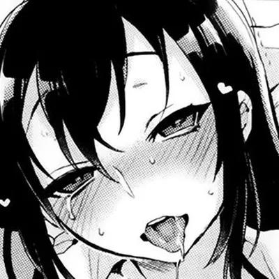 Lf Mono Source: 1girl, face, close up, blush, long hair, black hair, open mouth, drooling, saliva trail, sfx, hair between eyes, upper teeth only, sweat, looking at viewer, tongue out