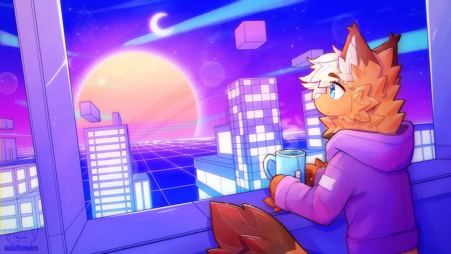 Synthwave sunset ~ cm for SoxTheFox, art by me @maiathoustra
