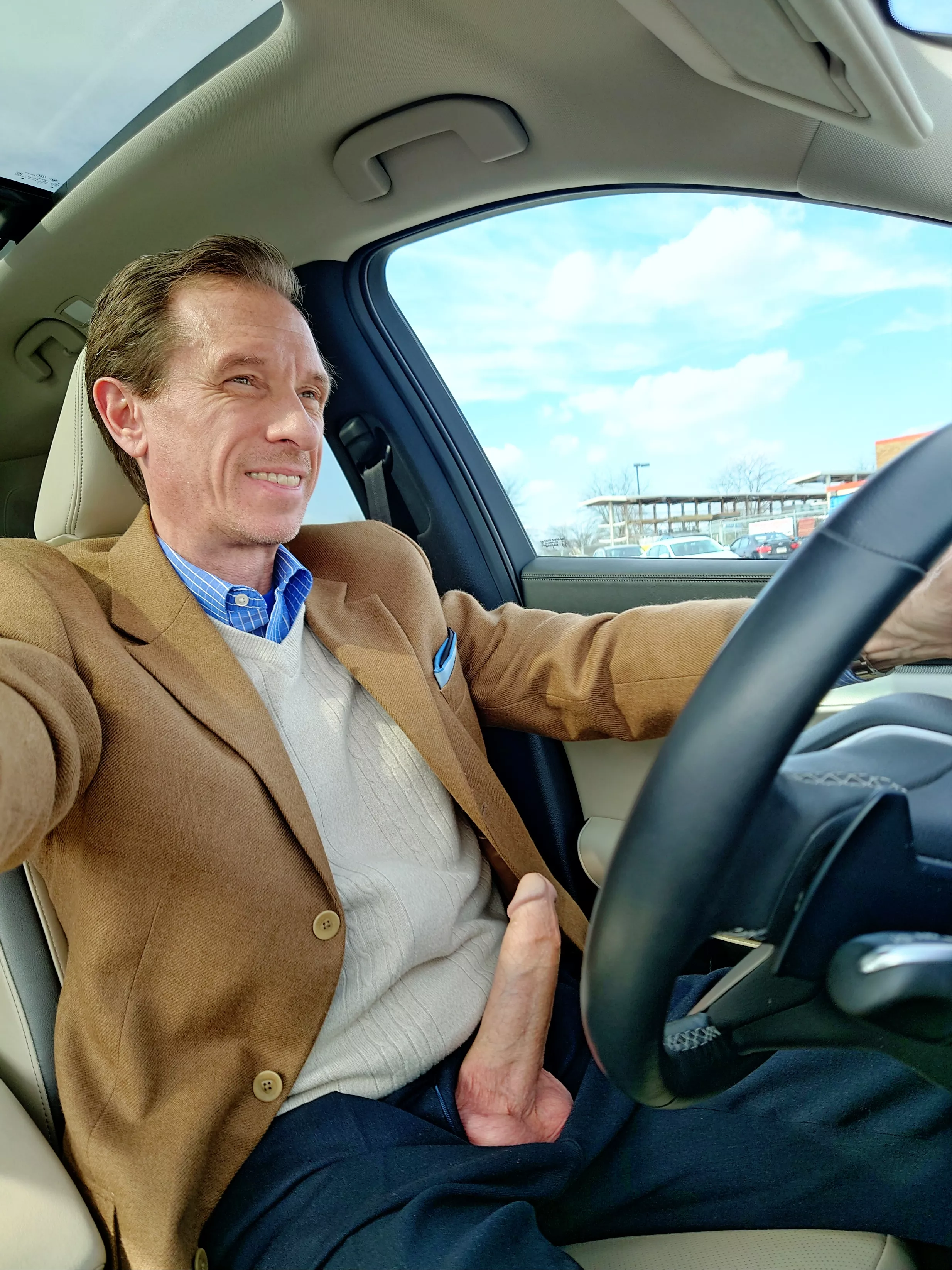 Driving back from a client appointment and my big cock needed some air and some room to stretch!