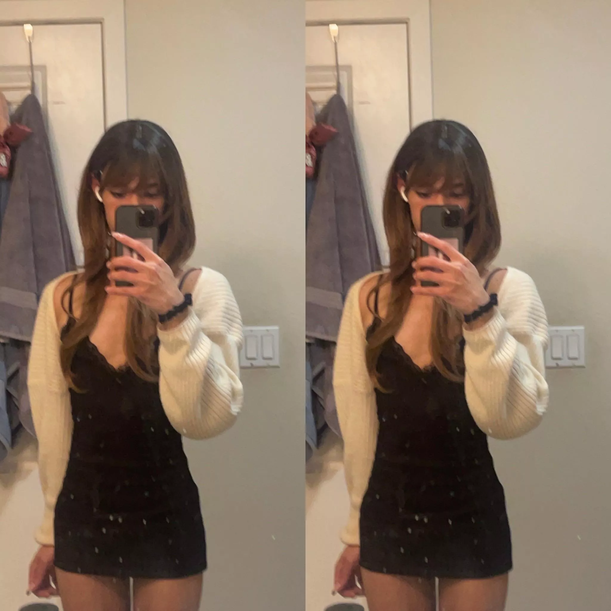 hoping my dress can distract you from looking at my dirty mirror