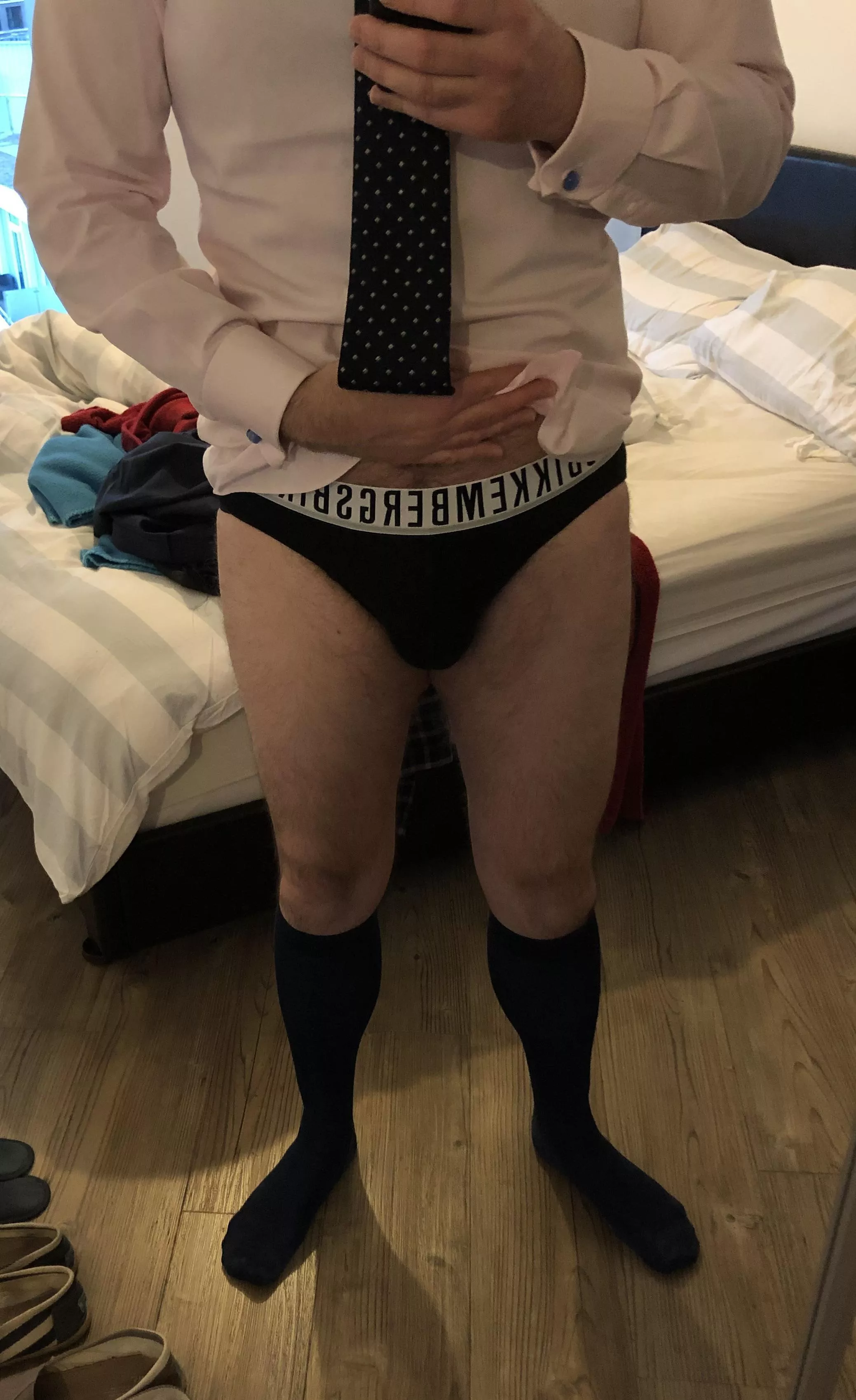 After three days in Switzerland with work, last night I slept in my own bed again. Back to the office, and keeping things European with briefs from Bikkembergs and OTC socks.