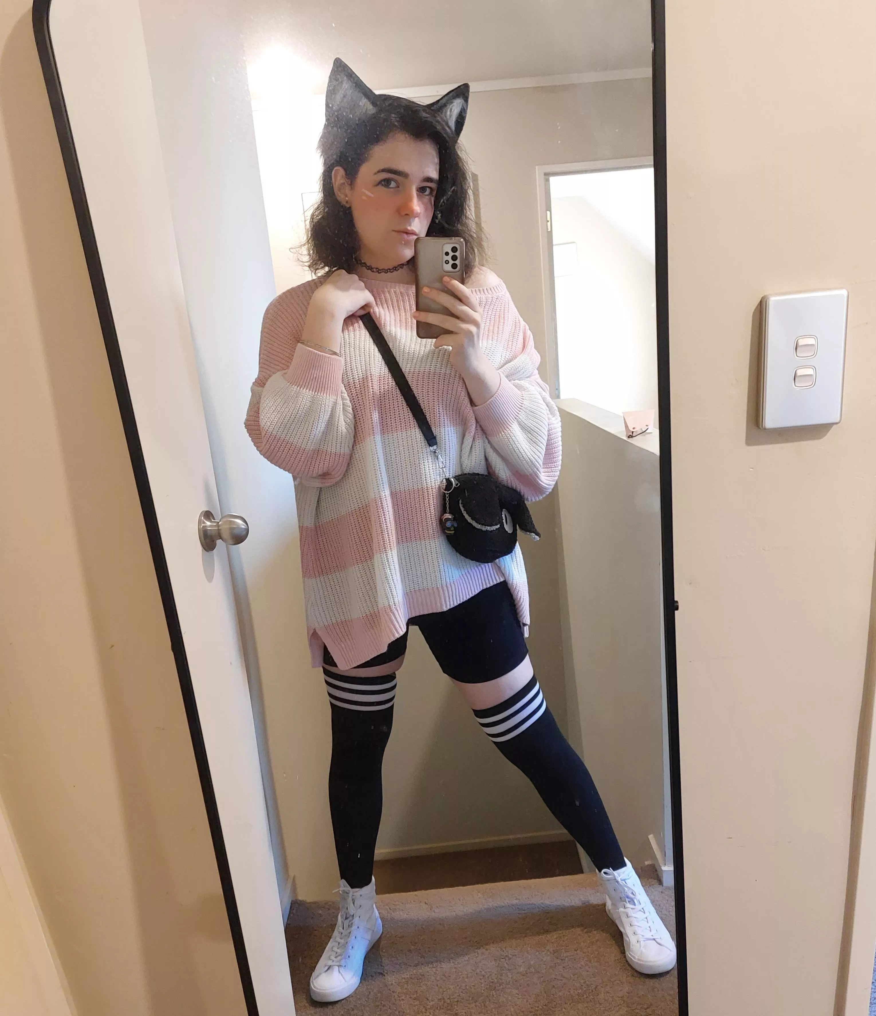 Decided to keep growing my hair, thanks for the help reddit! Have a goober 29 year old in a Catboy outfit for tonights drag king show. 🥰