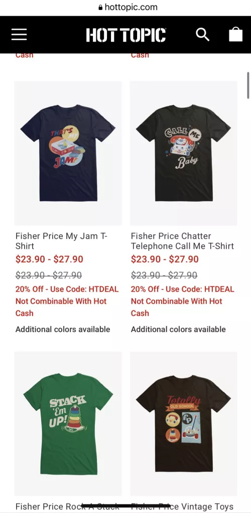 Fisher price shirts on hot topic and Amazon.com