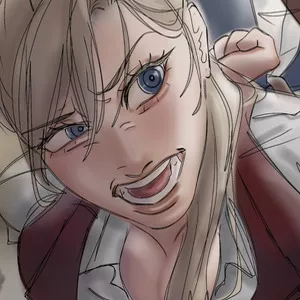 LF Color Source: 1girl, blue eyes, blonde hair, hands behind back, ponytail*, bent over*, glaring, open mouth, sketch*, raised brow, looking away from viewer
